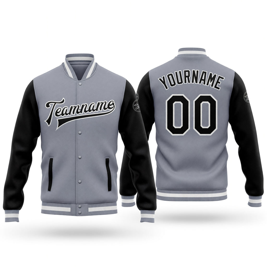 Custom Gray Black-White Bomber Full-Snap Varsity Letterman Two Tone Jacket
