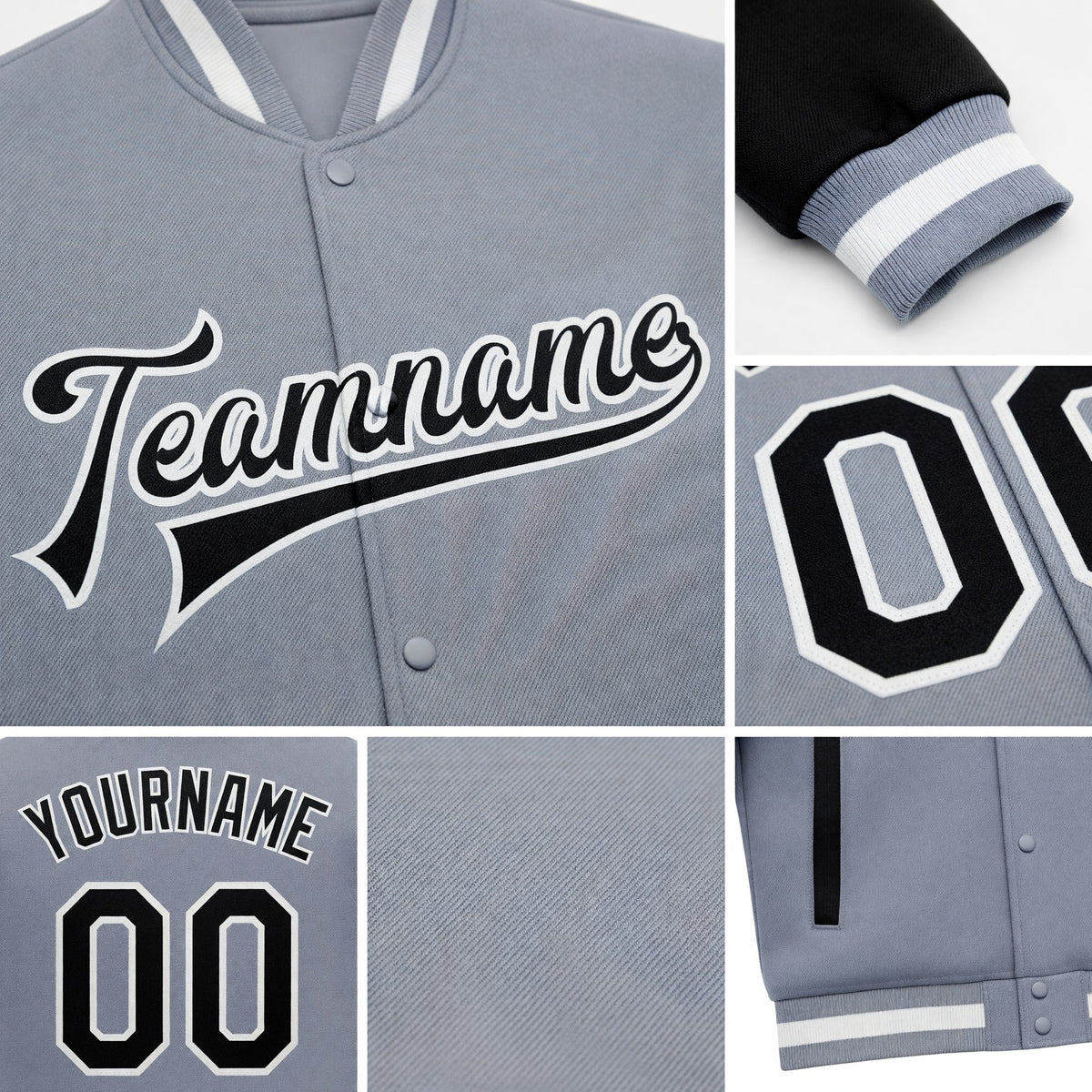Custom Gray Black-White Bomber Full-Snap Varsity Letterman Two Tone Jacket detail