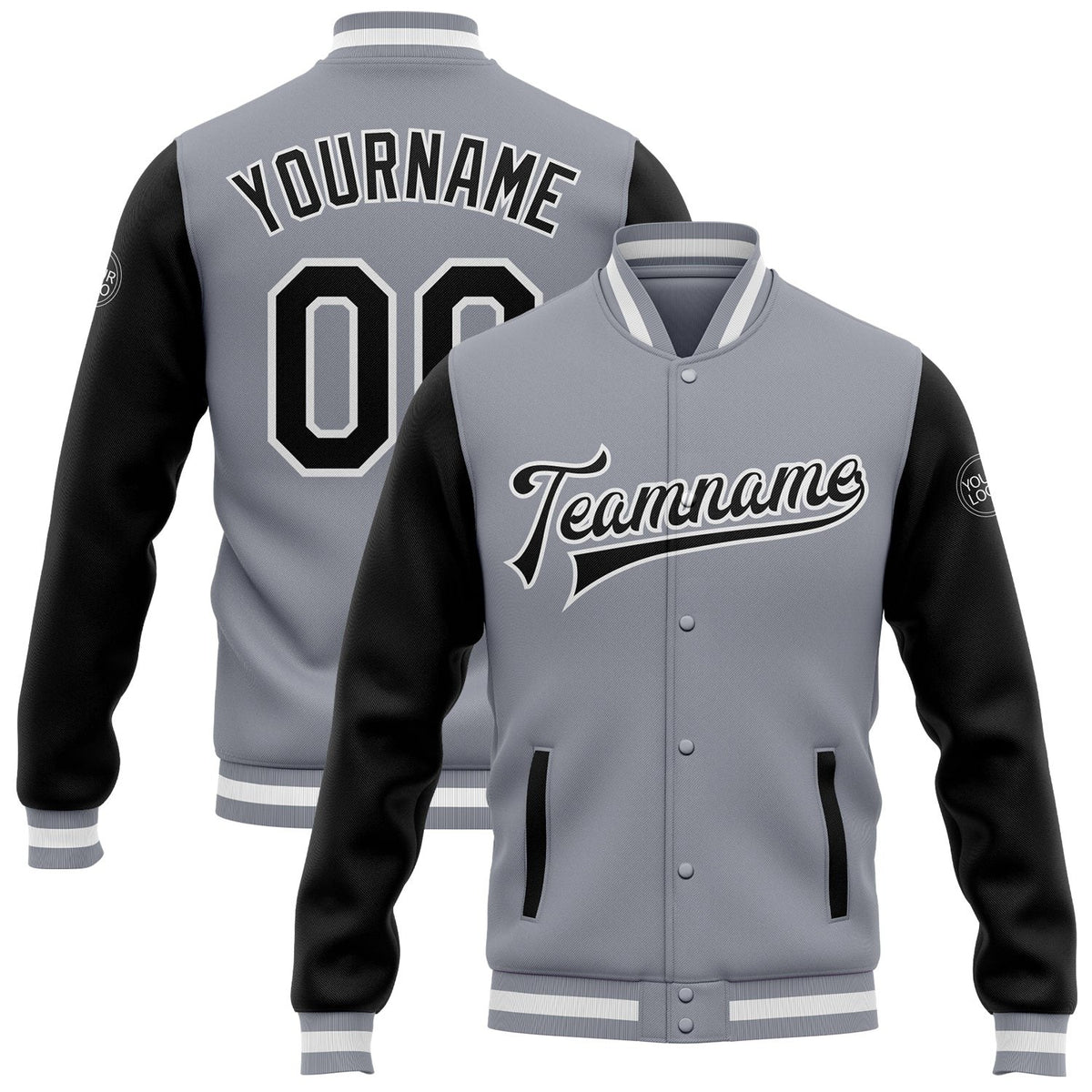 Custom Gray Black-White Bomber Full-Snap Varsity Letterman Two Tone Jacket photo 1