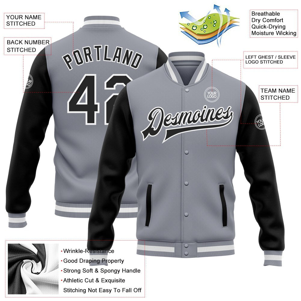 Custom Gray Black-White Bomber Full-Snap Varsity Letterman Two Tone Jacket photo 5