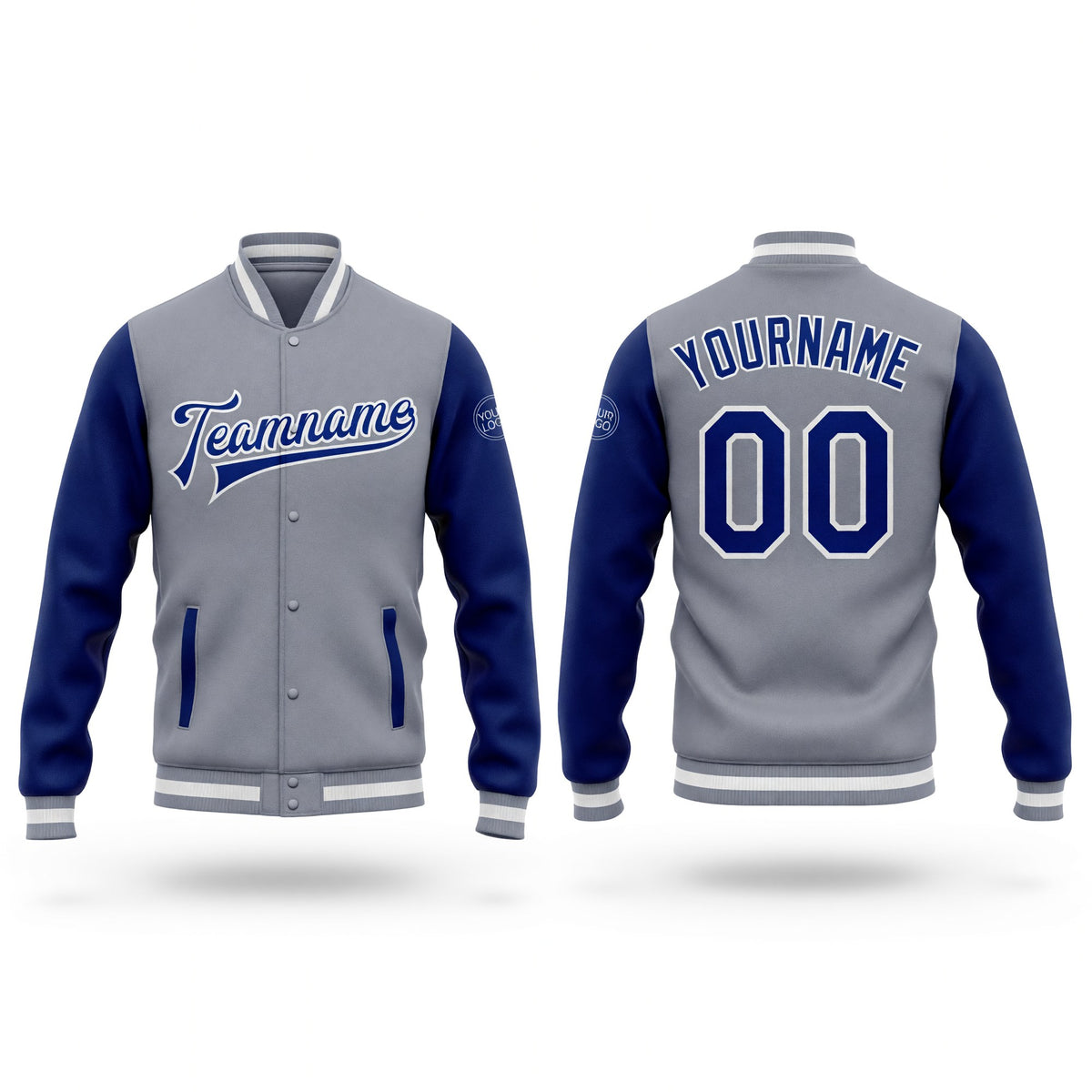 Custom Gray Royal-White Bomber Full-Snap Varsity Letterman Two Tone Jacket