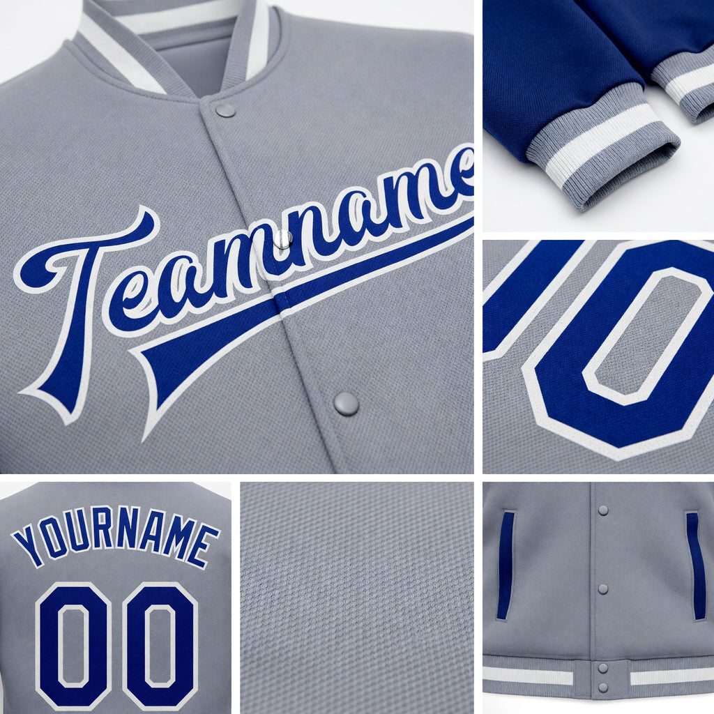Custom Gray Royal-White Bomber Full-Snap Varsity Letterman Two Tone Jacket detail