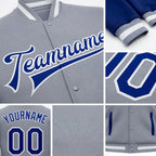 Custom Gray Royal-White Bomber Full-Snap Varsity Letterman Two Tone Jacket detail