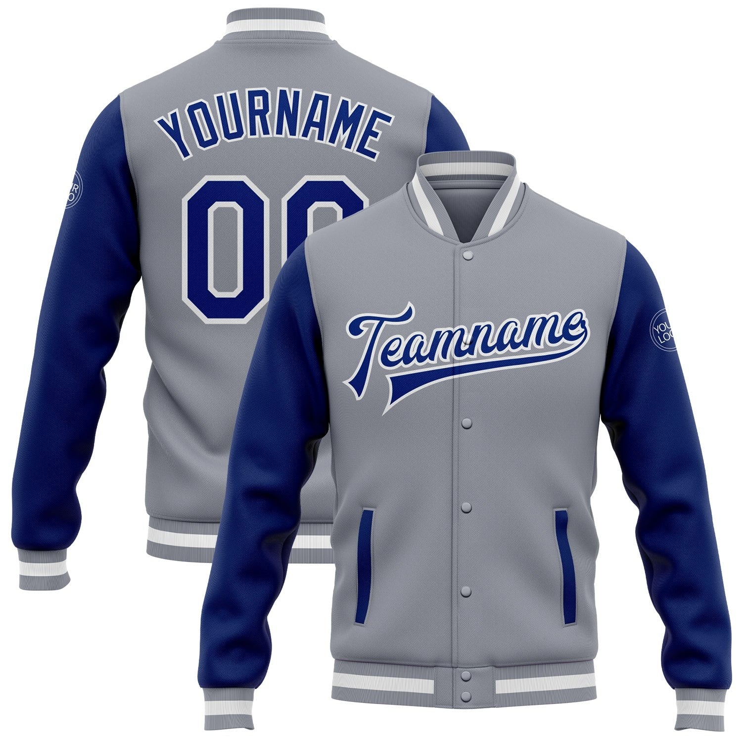 Custom Gray Royal-White Bomber Full-Snap Varsity Letterman Two Tone Jacket photo 1