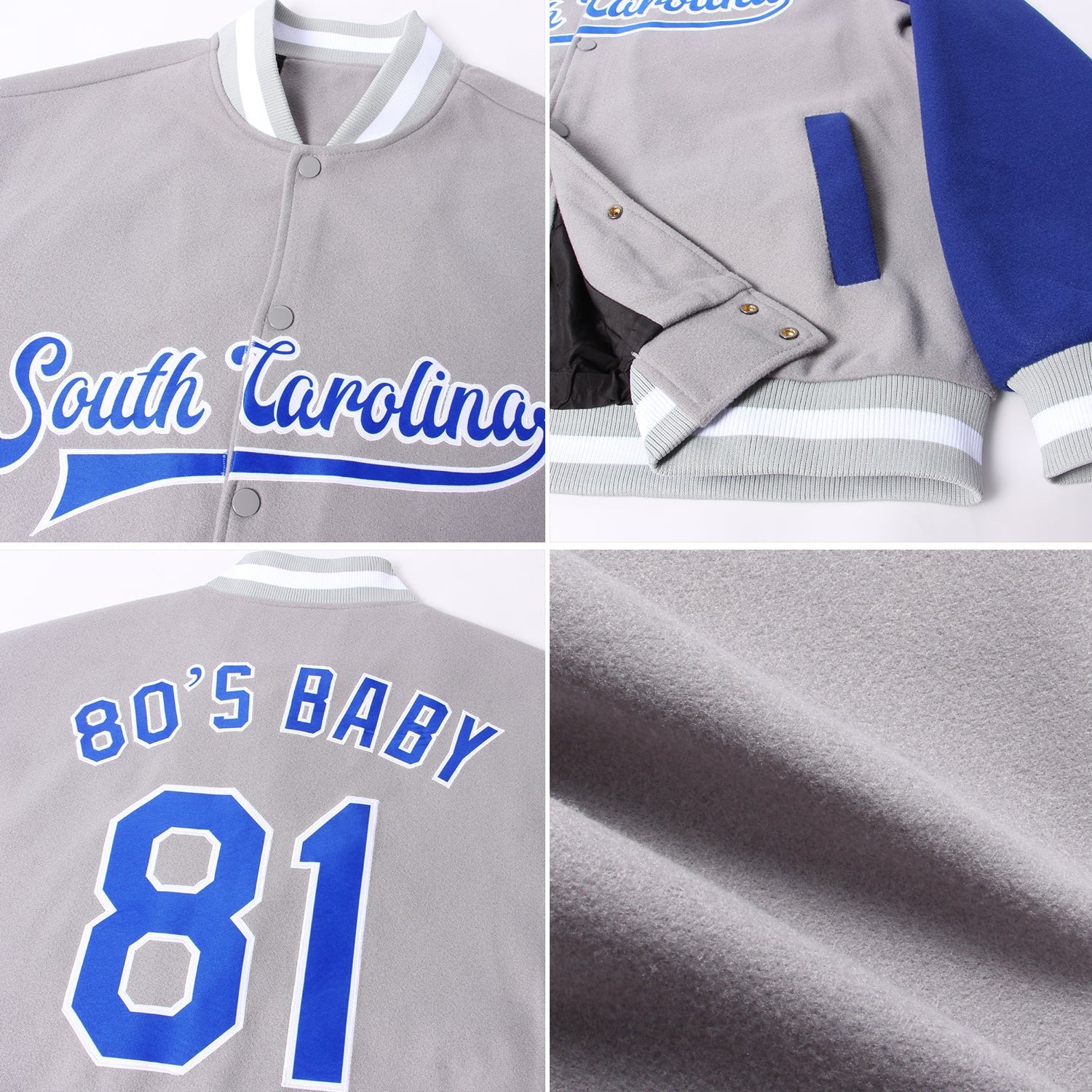 Custom Gray Royal-White Bomber Full-Snap Varsity Letterman Two Tone Jacket photo 4