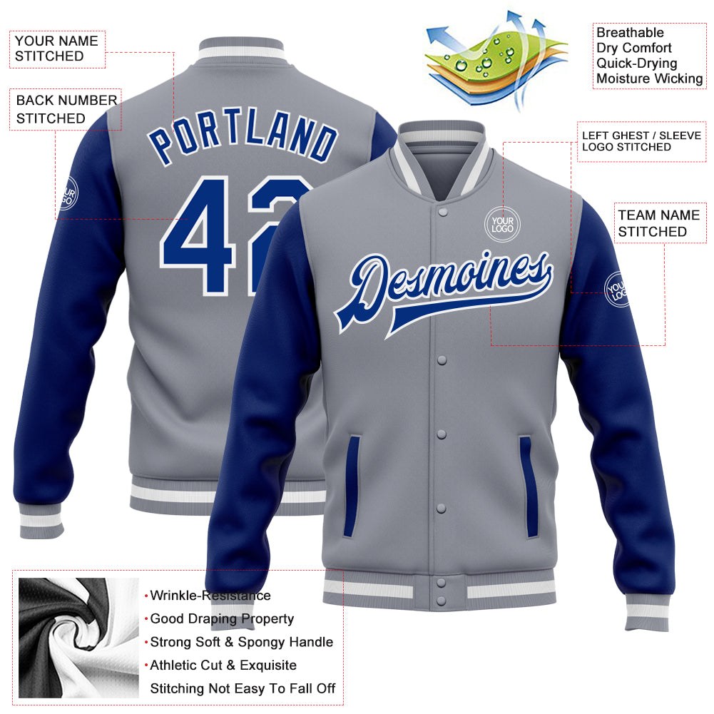 Custom Gray Royal-White Bomber Full-Snap Varsity Letterman Two Tone Jacket photo 5