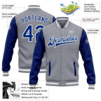 Custom Gray Royal-White Bomber Full-Snap Varsity Letterman Two Tone Jacket photo 5