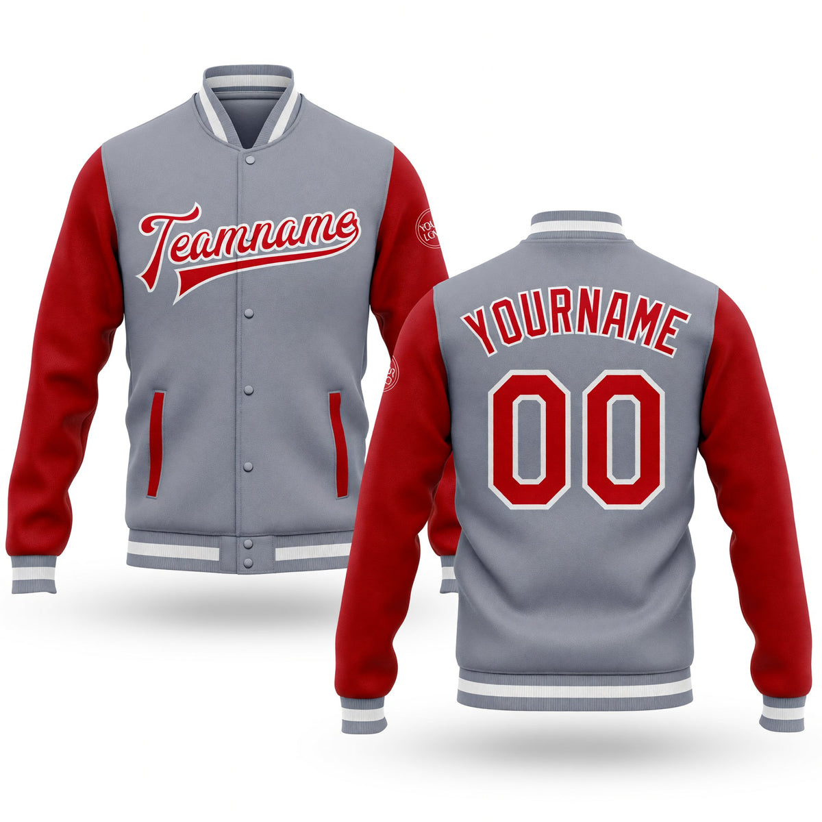Custom Gray Red-White Bomber Full-Snap Varsity Letterman Two Tone Jacket