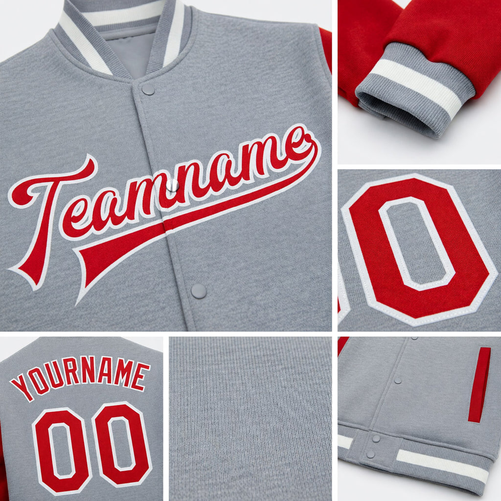 Custom Gray Red-White Bomber Full-Snap Varsity Letterman Two Tone Jacket detail