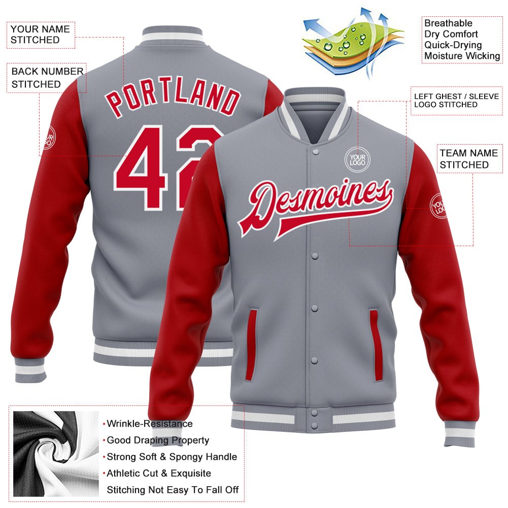 Custom Gray Red-White Bomber Full-Snap Varsity Letterman Two Tone Jacket photo 5