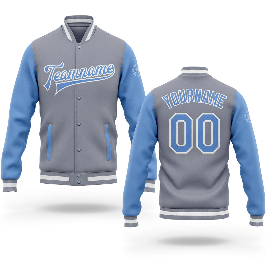 Custom Gray Light Blue-White Bomber Full-Snap Varsity Letterman Two Tone Jacket
