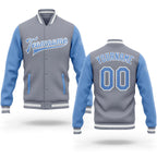 Custom Gray Light Blue-White Bomber Full-Snap Varsity Letterman Two Tone Jacket