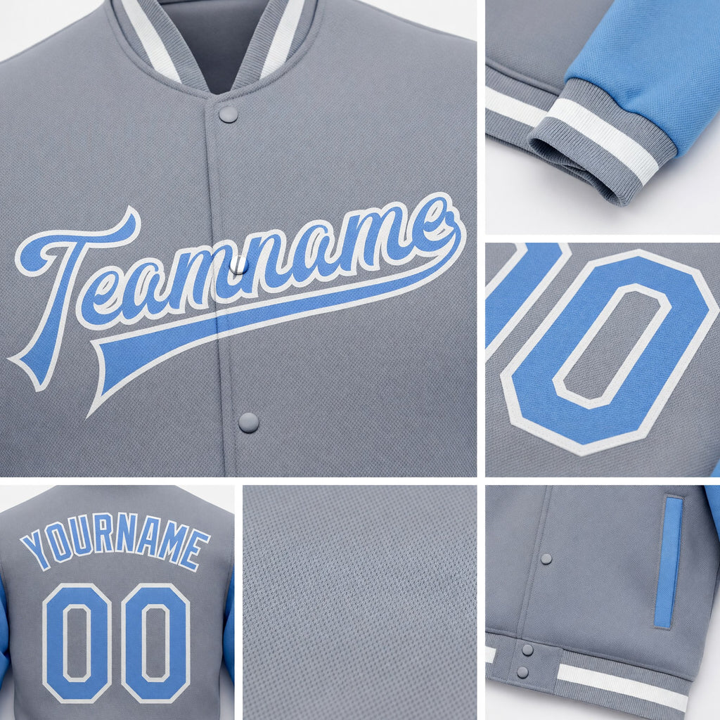 Custom Gray Light Blue-White Bomber Full-Snap Varsity Letterman Two Tone Jacket detail