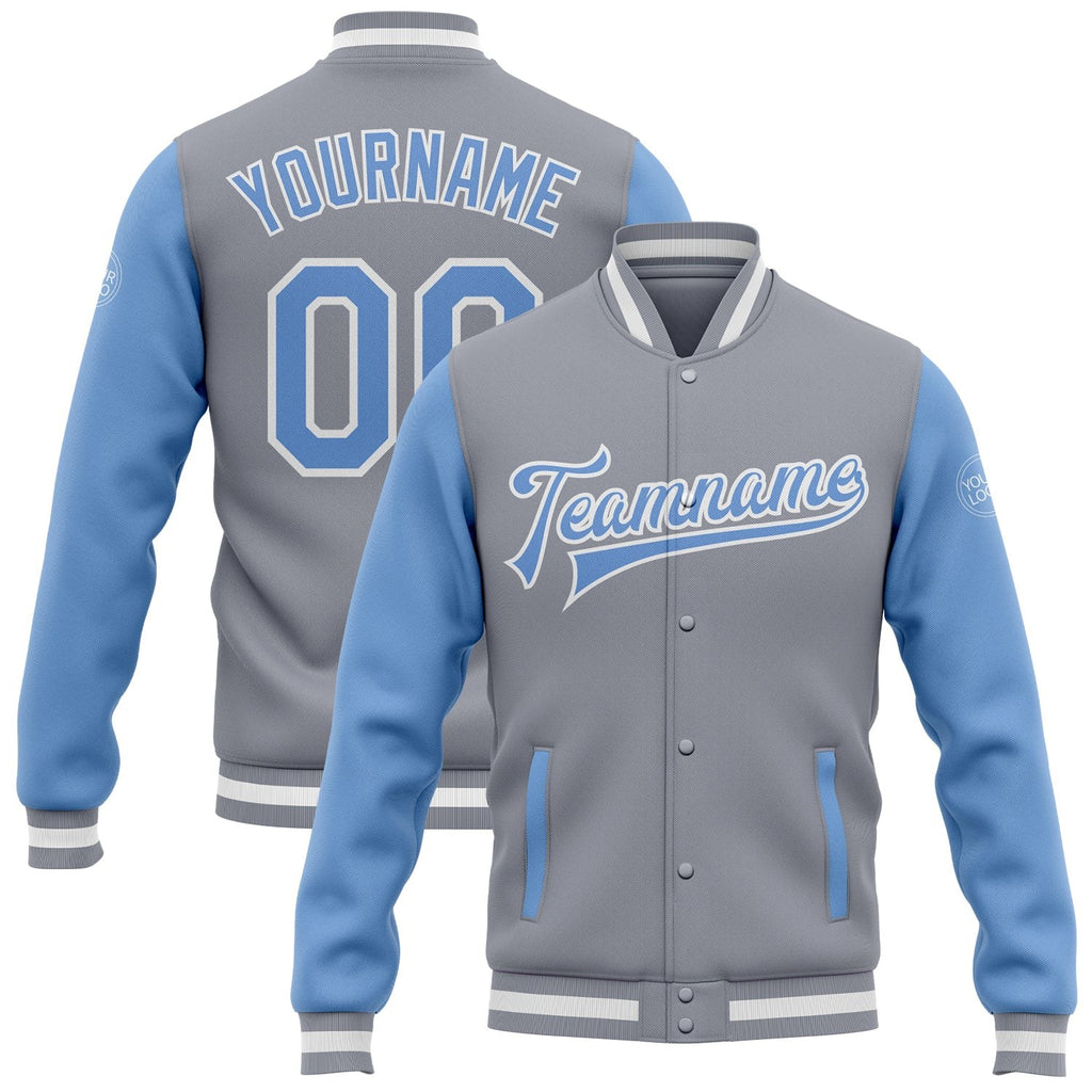 Custom Gray Light Blue-White Bomber Full-Snap Varsity Letterman Two Tone Jacket photo 1