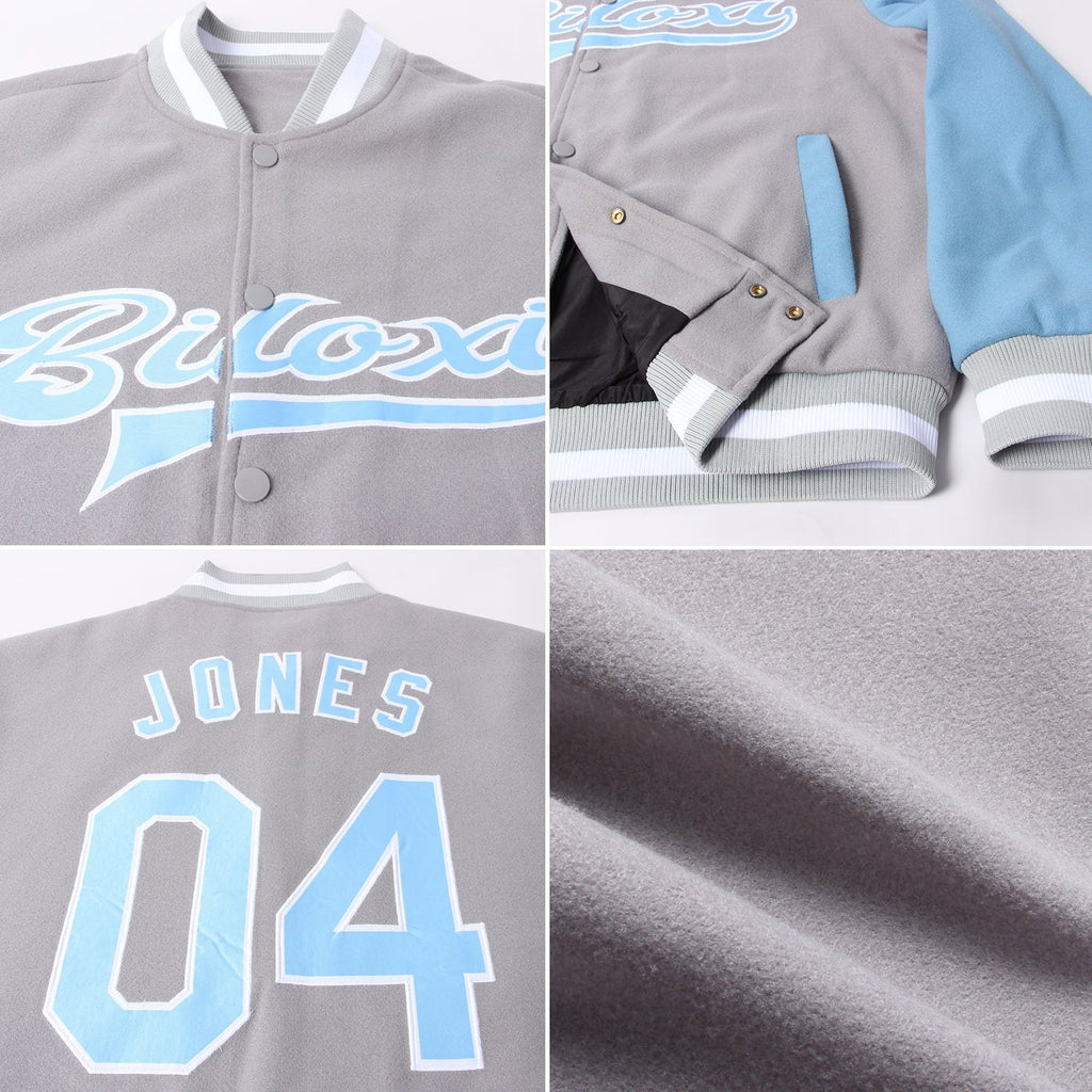 Custom Gray Light Blue-White Bomber Full-Snap Varsity Letterman Two Tone Jacket photo 4