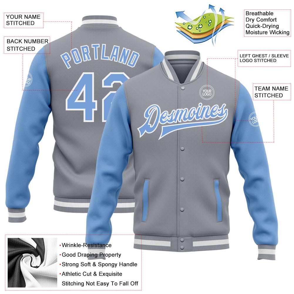 Custom Gray Light Blue-White Bomber Full-Snap Varsity Letterman Two Tone Jacket photo 5