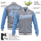 Custom Gray Light Blue-White Bomber Full-Snap Varsity Letterman Two Tone Jacket photo 5