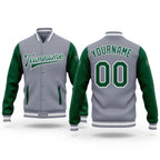 Custom Gray Kelly Green-White Bomber Full-Snap Varsity Letterman Two Tone Jacket