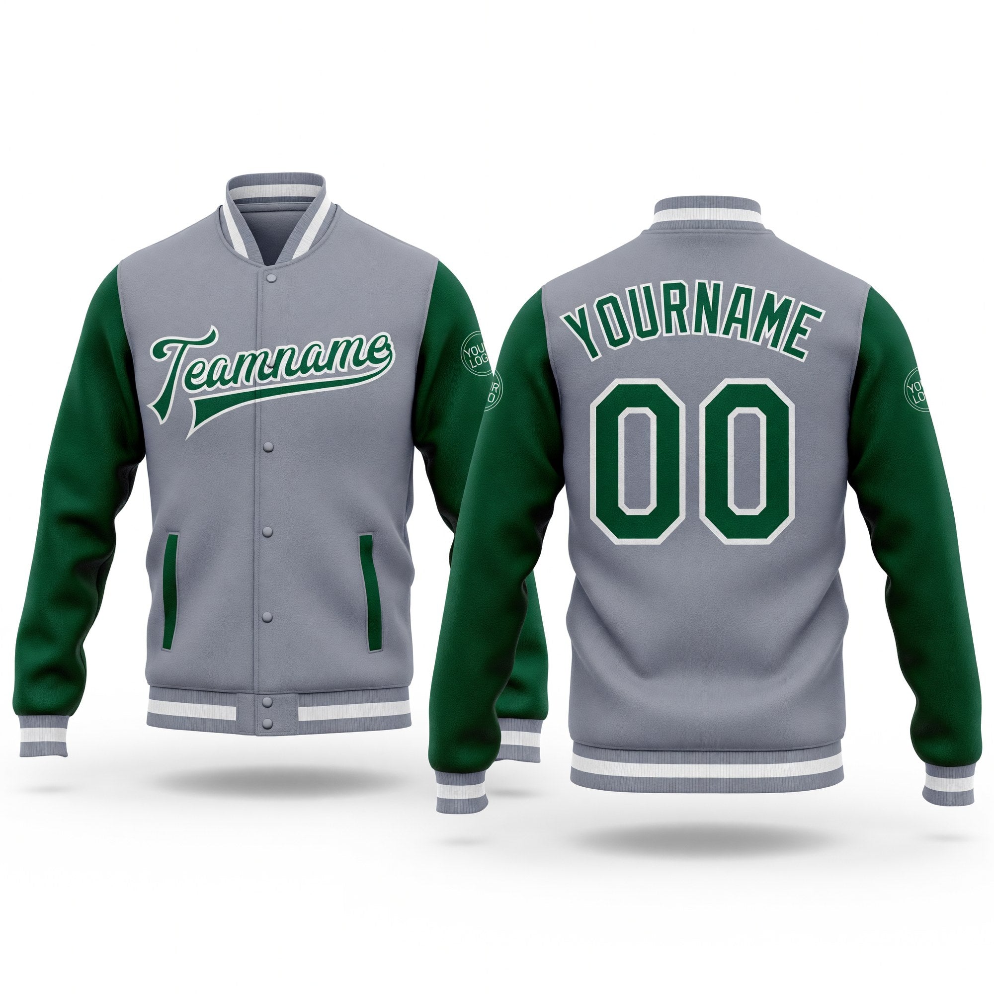 Custom Gray Kelly Green-White Bomber Full-Snap Varsity Letterman Two Tone Jacket