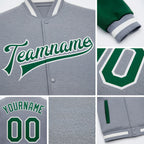 Custom Gray Kelly Green-White Bomber Full-Snap Varsity Letterman Two Tone Jacket detail