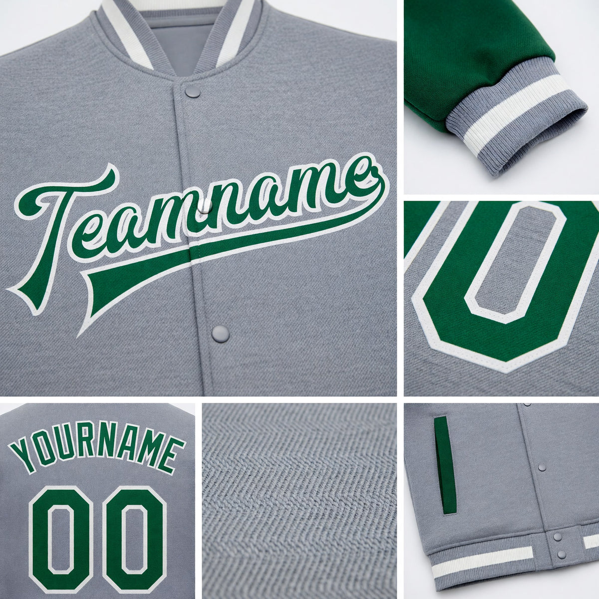 Custom Gray Kelly Green-White Bomber Full-Snap Varsity Letterman Two Tone Jacket detail