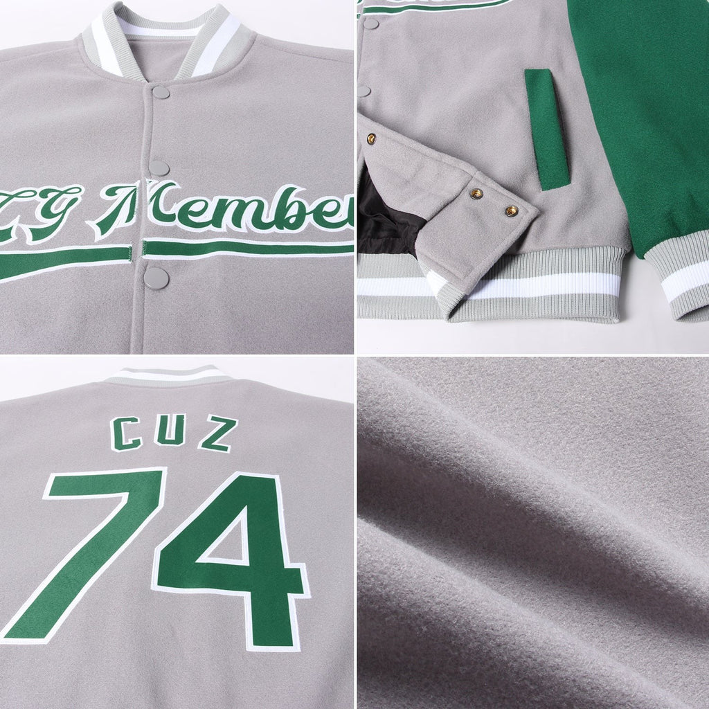 Custom Gray Kelly Green-White Bomber Full-Snap Varsity Letterman Two Tone Jacket photo 4