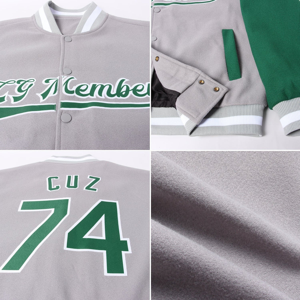 Custom Gray Kelly Green-White Bomber Full-Snap Varsity Letterman Two Tone Jacket photo 4
