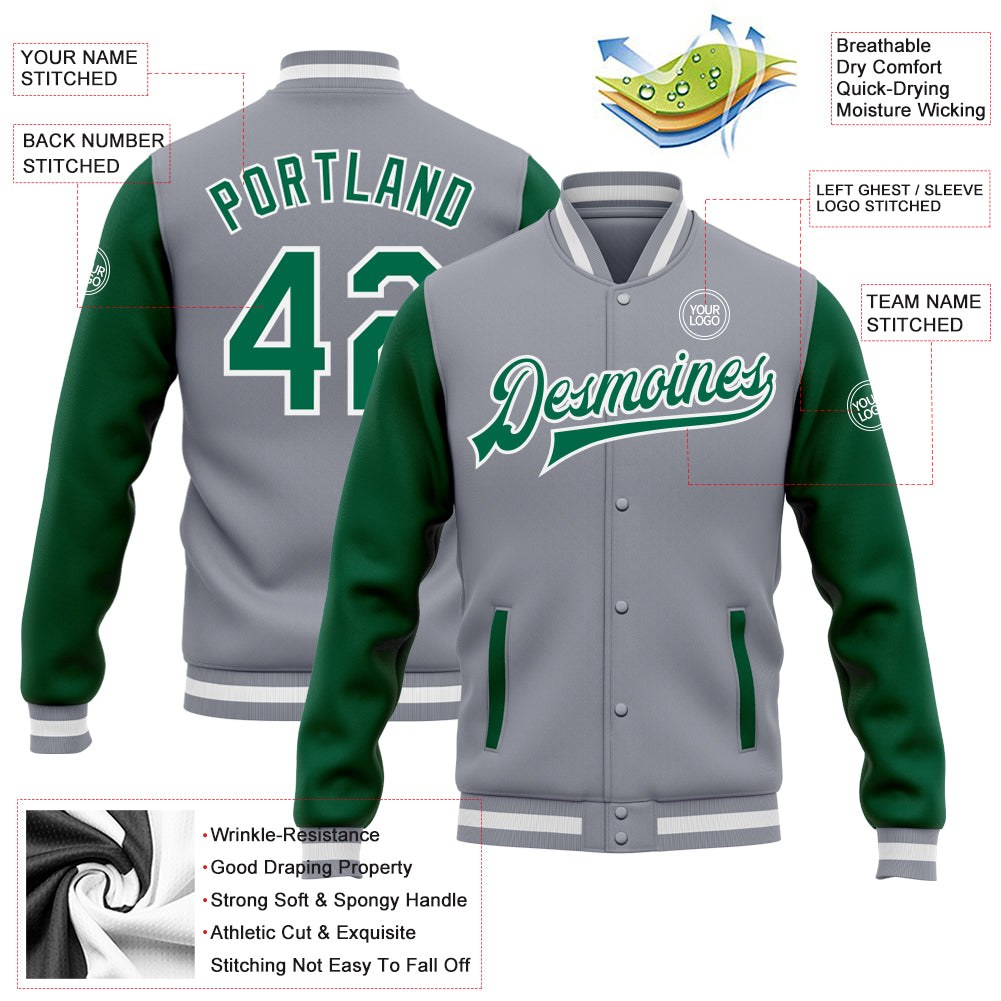 Custom Gray Kelly Green-White Bomber Full-Snap Varsity Letterman Two Tone Jacket photo 5