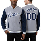 Custom Gray Navy-White Bomber Full-Snap Varsity Letterman Two Tone Jacket worn front and back