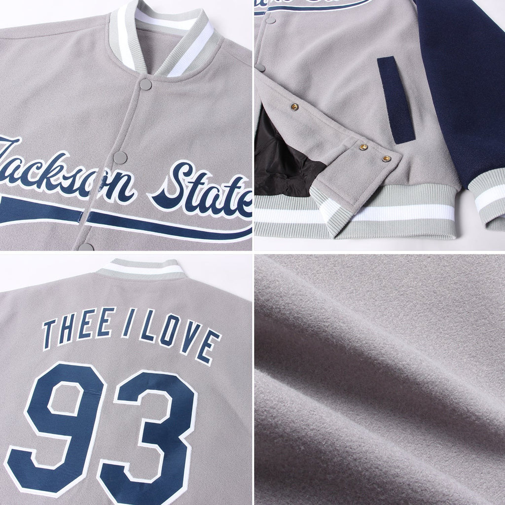 Custom Gray Navy-White Bomber Full-Snap Varsity Letterman Two Tone Jacket photo 4