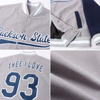 Custom Gray Navy-White Bomber Full-Snap Varsity Letterman Two Tone Jacket photo 4