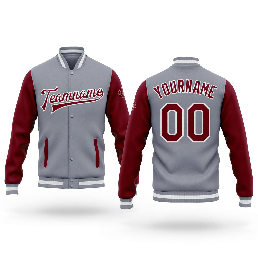 Custom Gray Crimson-White Bomber Full-Snap Varsity Letterman Two Tone Jacket
