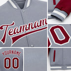 Custom Gray Crimson-White Bomber Full-Snap Varsity Letterman Two Tone Jacket detail