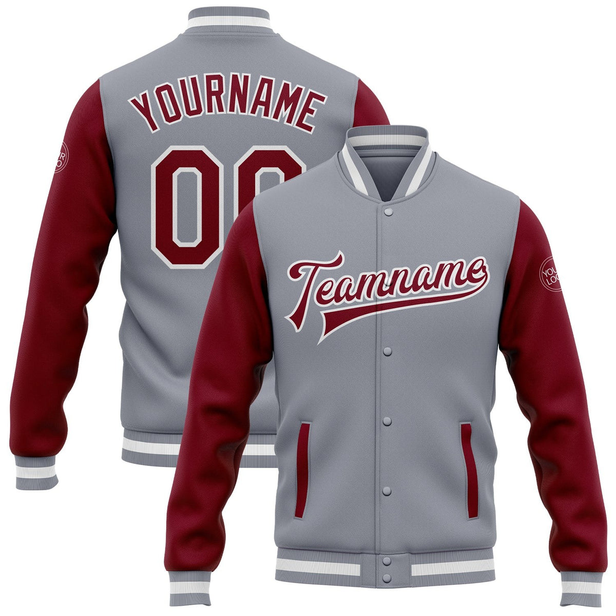 Custom Gray Crimson-White Bomber Full-Snap Varsity Letterman Two Tone Jacket photo 1