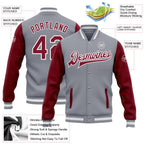 Custom Gray Crimson-White Bomber Full-Snap Varsity Letterman Two Tone Jacket photo 5