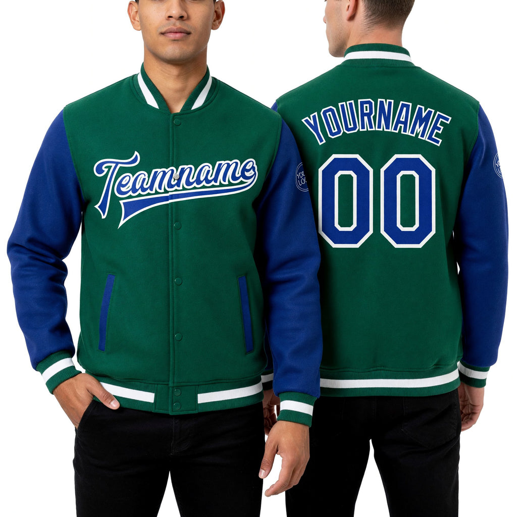 Custom Kelly Green Royal-White Bomber Full-Snap Varsity Letterman Two Tone Jacket worn front and back