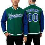 Custom Kelly Green Royal-White Bomber Full-Snap Varsity Letterman Two Tone Jacket worn front and back