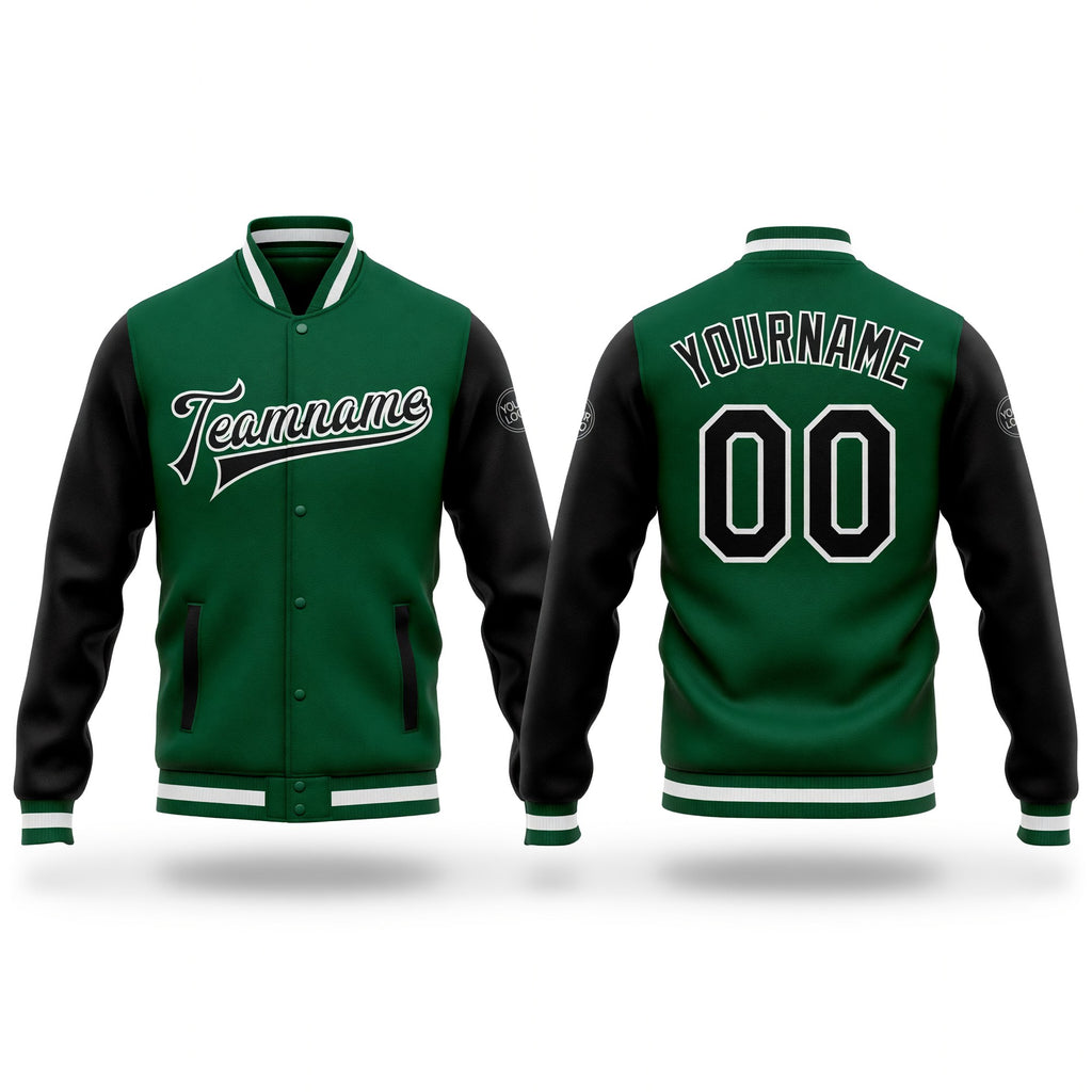 Custom Kelly Green Black-White Bomber Full-Snap Varsity Letterman Two Tone Jacket