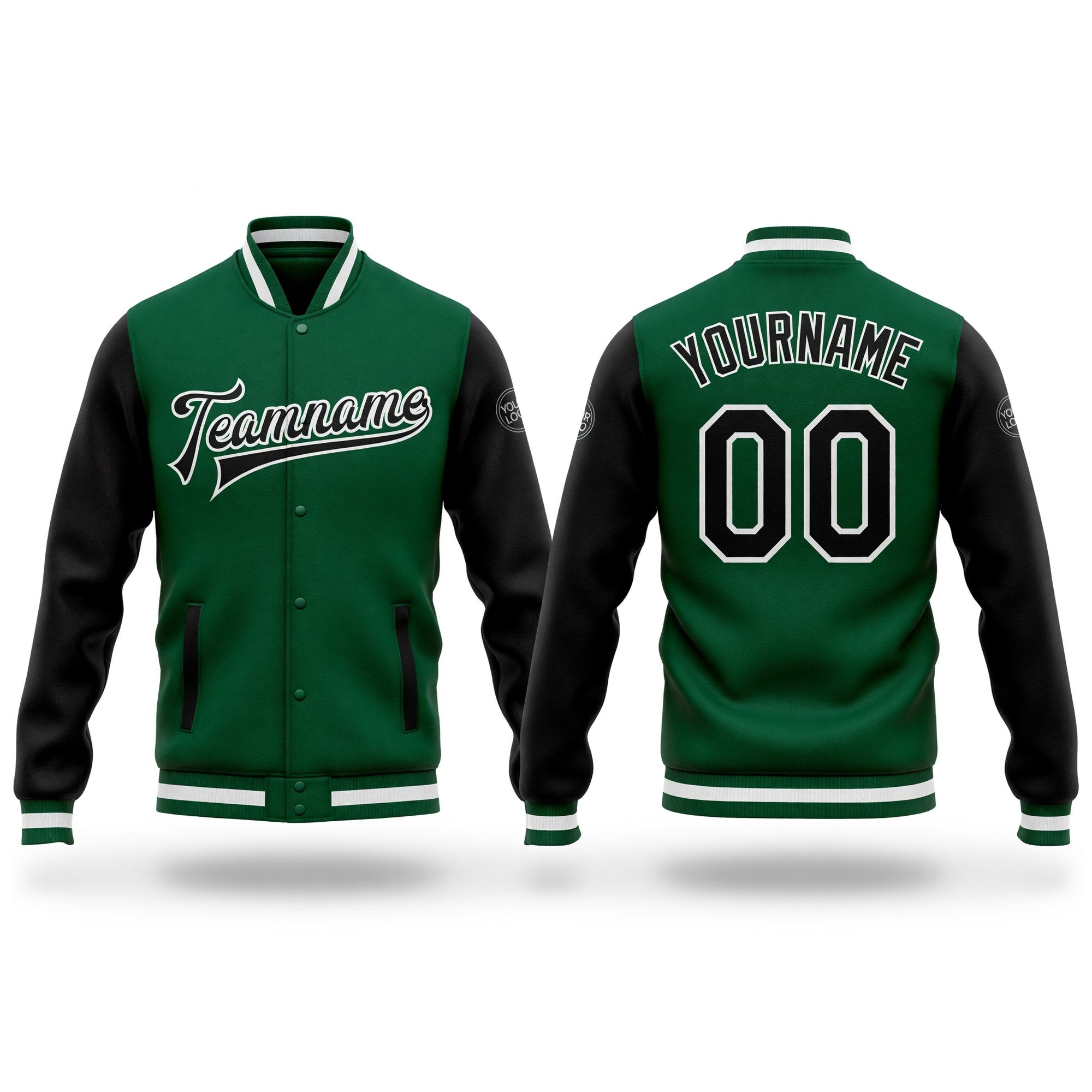Custom Kelly Green Black-White Bomber Full-Snap Varsity Letterman Two Tone Jacket