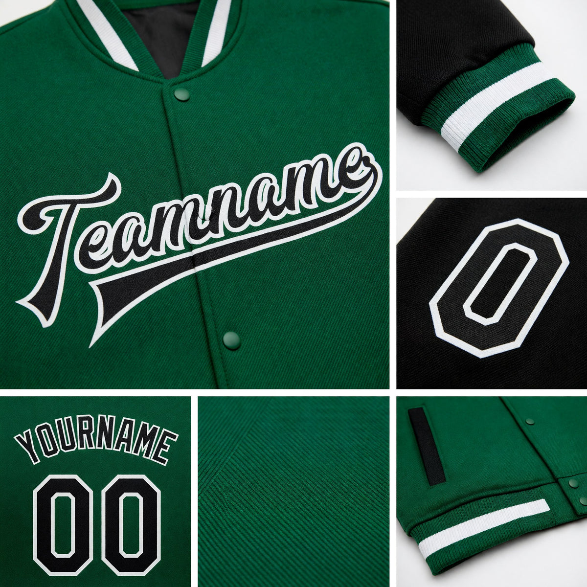 Custom Kelly Green Black-White Bomber Full-Snap Varsity Letterman Two Tone Jacket detail