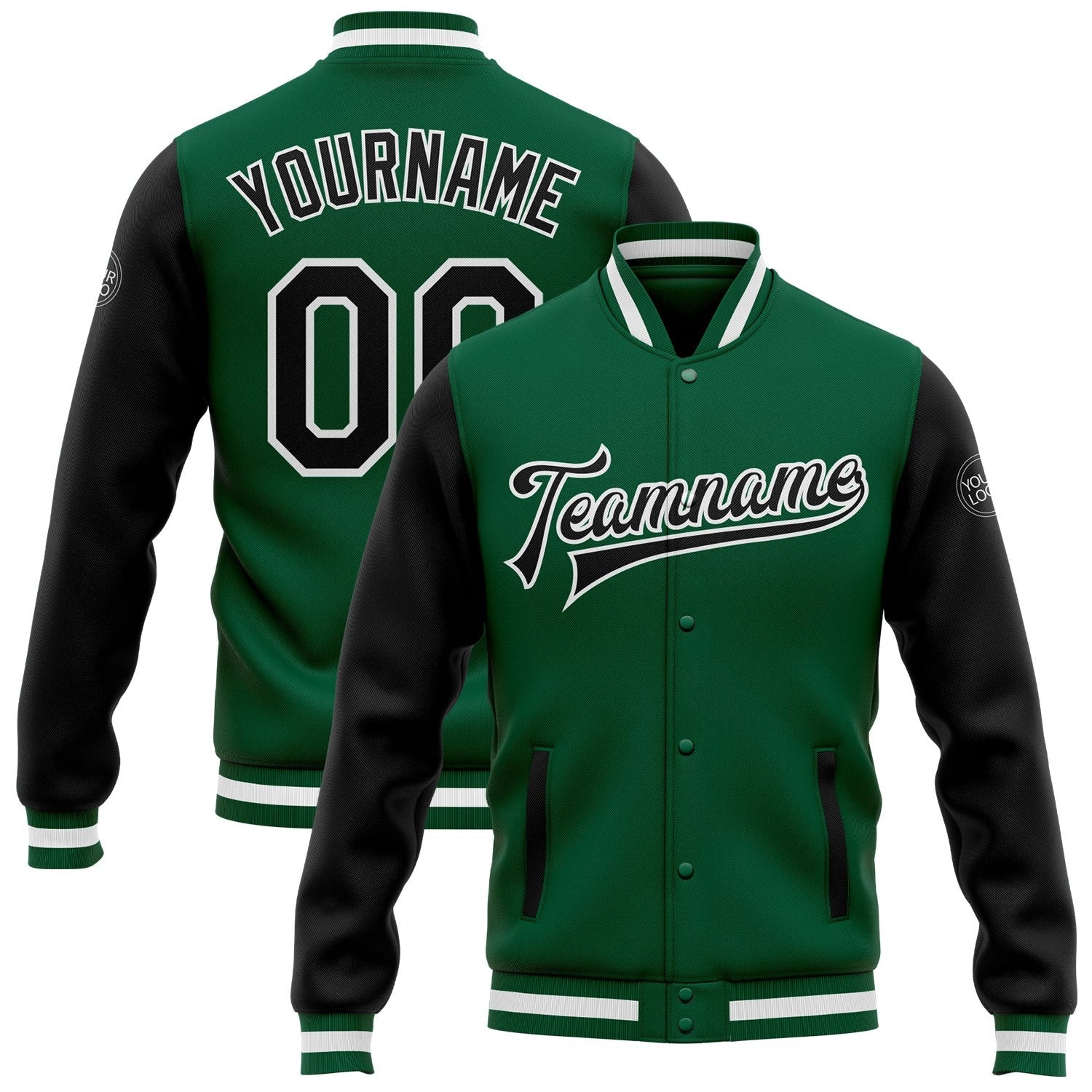 Custom Kelly Green Black-White Bomber Full-Snap Varsity Letterman Two Tone Jacket photo 1
