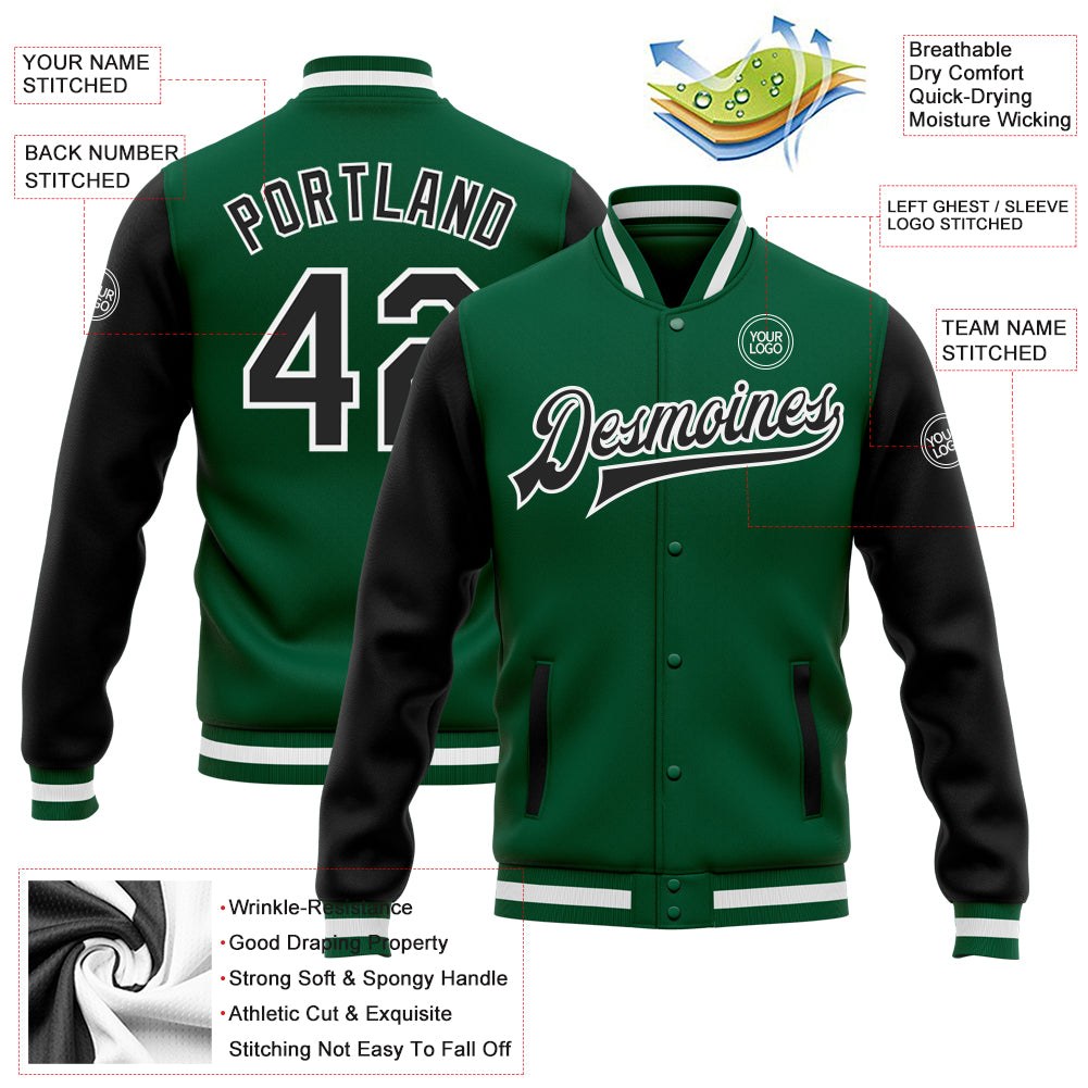 Custom Kelly Green Black-White Bomber Full-Snap Varsity Letterman Two Tone Jacket photo 5