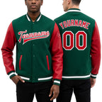 Custom Kelly Green Red-White Bomber Full-Snap Varsity Letterman Two Tone Jacket worn front and back