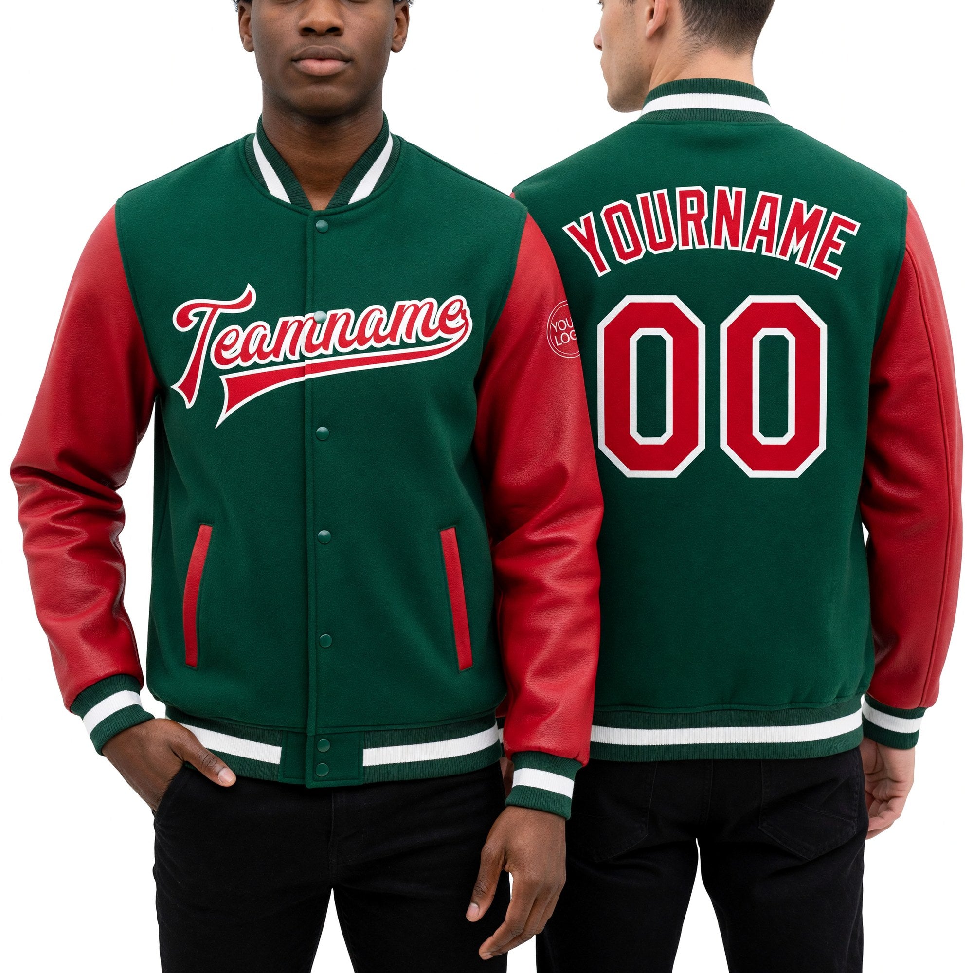 Custom Kelly Green Red-White Bomber Full-Snap Varsity Letterman Two Tone Jacket worn front and back
