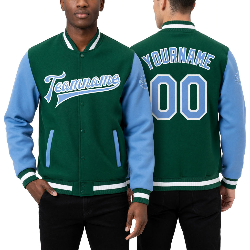 Custom Kelly Green Light Blue-White Bomber Full-Snap Varsity Letterman Two Tone Jacket worn front and back