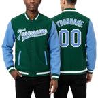 Custom Kelly Green Light Blue-White Bomber Full-Snap Varsity Letterman Two Tone Jacket worn front and back