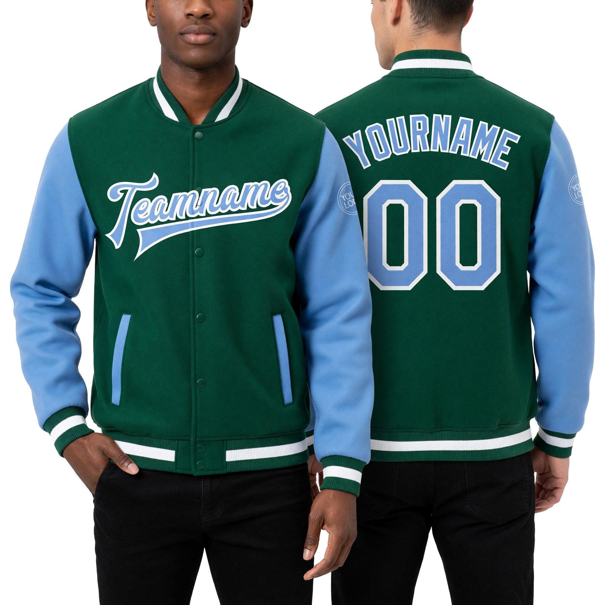 Custom Kelly Green Light Blue-White Bomber Full-Snap Varsity Letterman Two Tone Jacket worn front and back