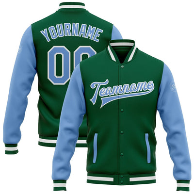 Custom Kelly Green Full Snap Bomber Two Tone Varsity Jacket with Light Blue and White Accents