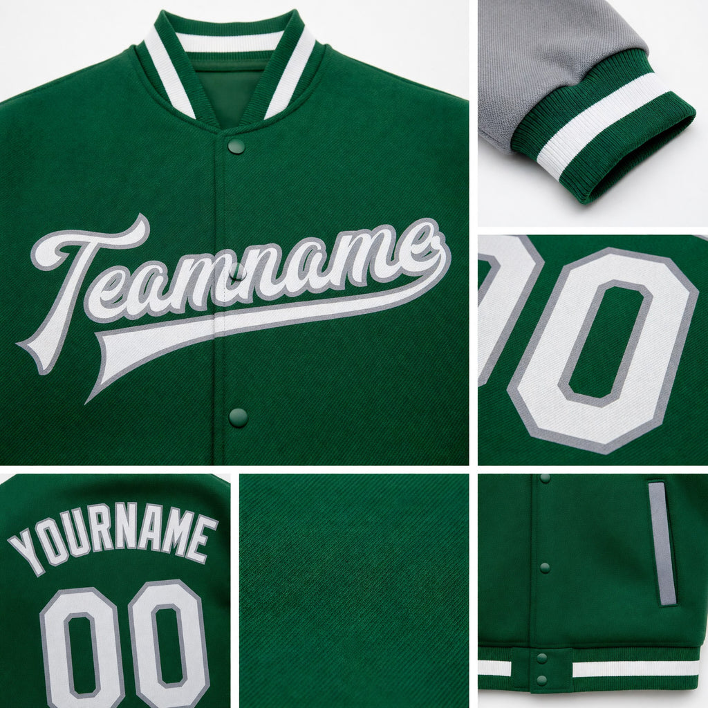 Custom Kelly Green White-Gray Bomber Full-Snap Varsity Letterman Two Tone Jacket detail