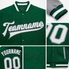 Custom Kelly Green White-Gray Bomber Full-Snap Varsity Letterman Two Tone Jacket detail